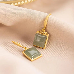 Silver Hetian Sapphire Geometric Earrings, Chinese Retro Women Jewelry