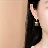Silver Hetian Sapphire Geometric Earrings, Chinese Retro Women Jewelry