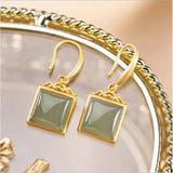 Silver Hetian Sapphire Geometric Earrings, Chinese Retro Women Jewelry