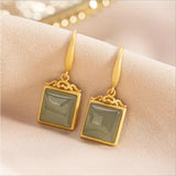 Silver Hetian Sapphire Geometric Earrings, Chinese Retro Women Jewelry