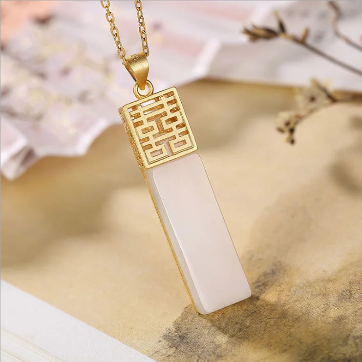 Silver Hetian Sapphire Long Square Pendant Craft Women's Jewelry