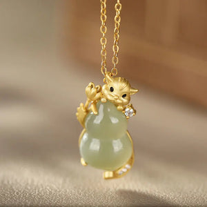 Sterling Silver Hetian Chalcedony Gourd Mouse Pendant Necklace