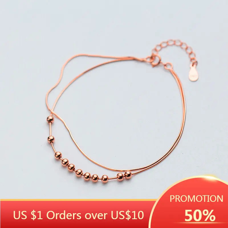 925 Silver Double Snake Chain Beads Bracelet Women Party Jewelry Gift