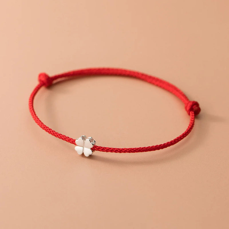 S925 Silver Flowers Red Rope Clover Bracelet for Women