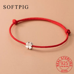 S925 Silver Flowers Red Rope Clover Bracelet for Women