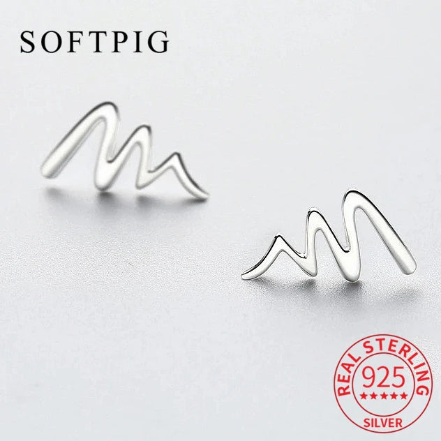 Punk Stud Earrings Wave Line 925 Sterling Silver Fine Jewelry