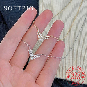 925 Silver V Pearl Pendant Choker Necklace 14K Plated Zircon Women Jewelry
