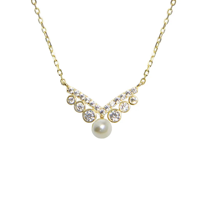 925 Silver V Pearl Pendant Choker Necklace 14K Plated Zircon Women Jewelry