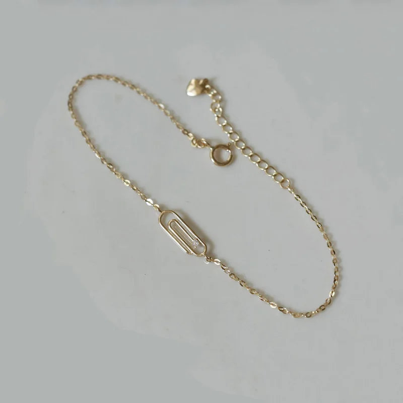 925 Silver 14K Plated Zircon Paper Clip Ins Charm Bracelet