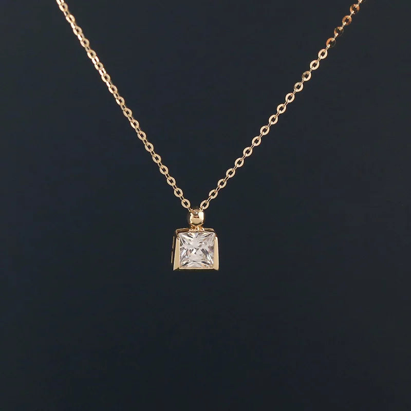925 Silver Zircon Choker Necklace 14K Square Collarbone Chain Women
