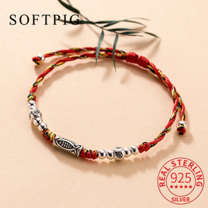 925 Silver Bead Red Rope Fish Bracelet Vintage Fine Jewelry