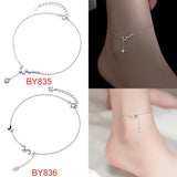 925 Silver Bead Zircon Star Anklet Round Chain Party Fine Jewelry