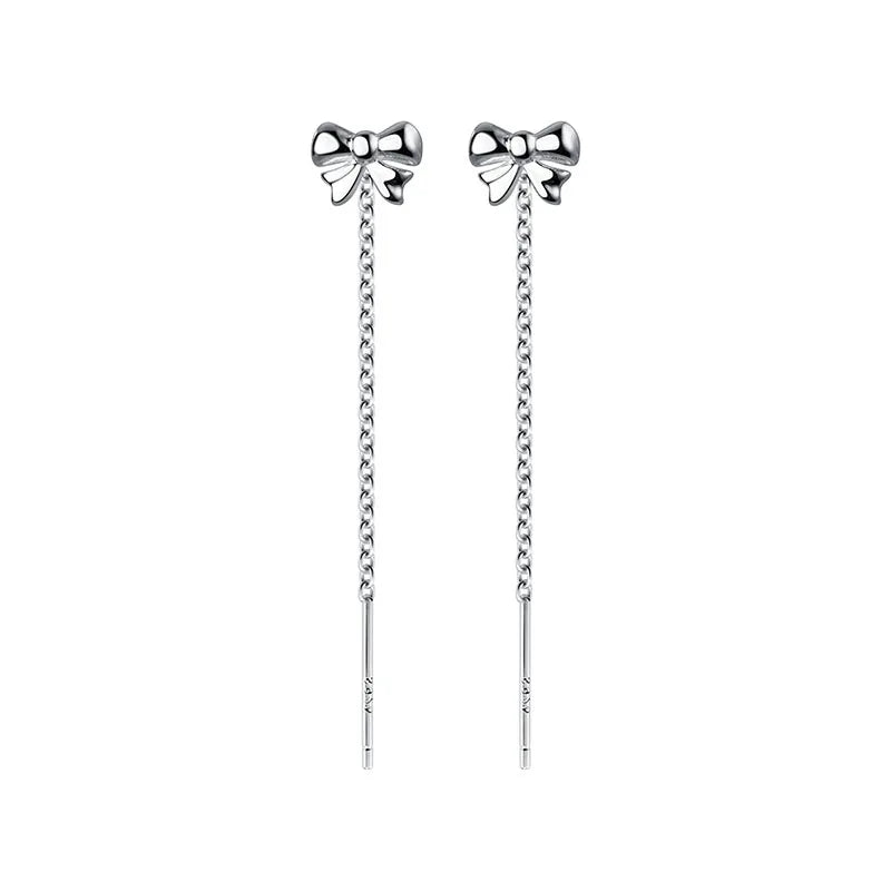 925 Silver Bowknot Tassel Stud Earrings for Women Jewelry