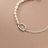 925 Silver Geometric Pearl Chain Bracelet Fine Jewelry