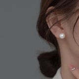 925 Sterling Silver Geometric Round Bead Pearl Stud Earrings For Women