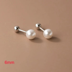 925 Sterling Silver Geometric Round Bead Pearl Stud Earrings For Women