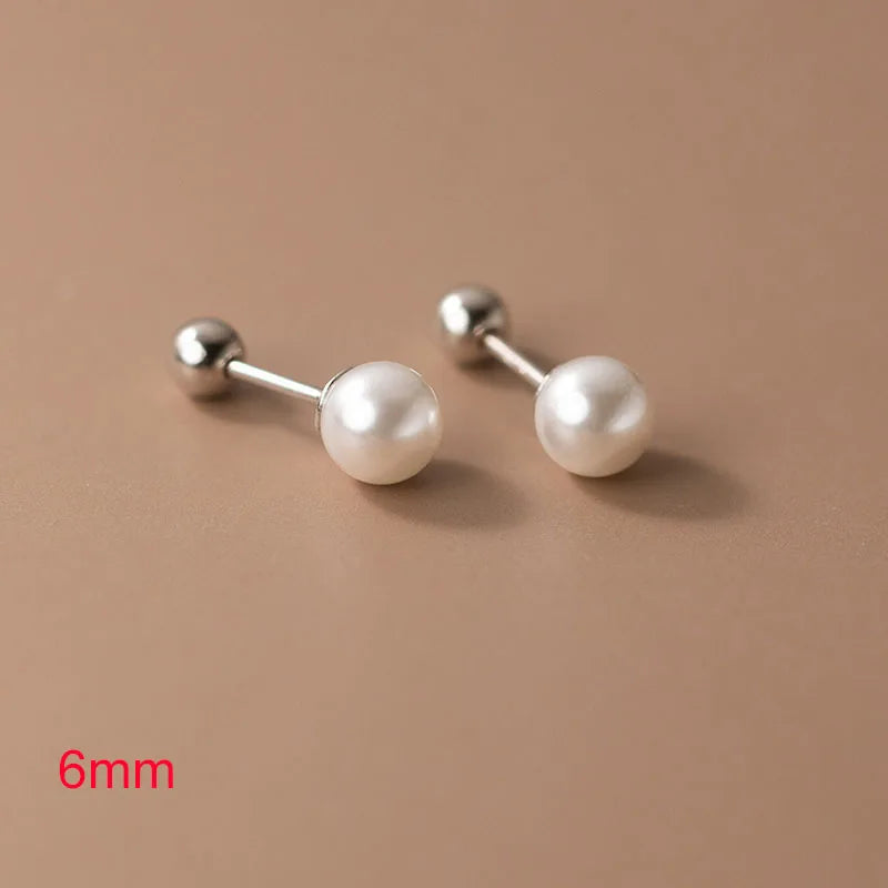 925 Sterling Silver Geometric Round Bead Pearl Stud Earrings For Women