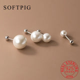 925 Sterling Silver Geometric Round Bead Pearl Stud Earrings For Women