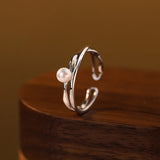925 Silver Pearl Double Line Adjustable Ring for Women Classic Jewelry