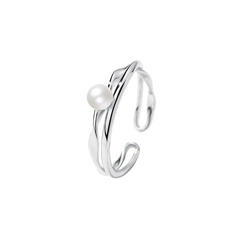 925 Silver Pearl Double Line Adjustable Ring for Women Classic Jewelry