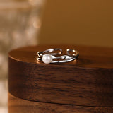 925 Silver Pearl Double Line Adjustable Ring for Women Classic Jewelry