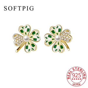 925 Silver Pearl Zircon Clover Stud Earrings Women Minimalist Jewelry