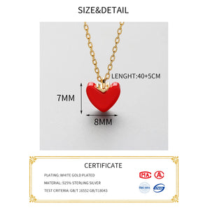 925 Silver Red Enamel Heart Pendant Necklace Romantic Choker For Women