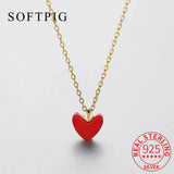 925 Silver Red Enamel Heart Pendant Necklace Romantic Choker For Women