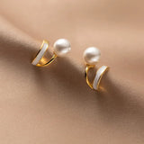 925 Silver Pearl Letter V Stud Earrings Women Fine Jewelry
