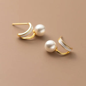 925 Silver Pearl Letter V Stud Earrings Women Fine Jewelry