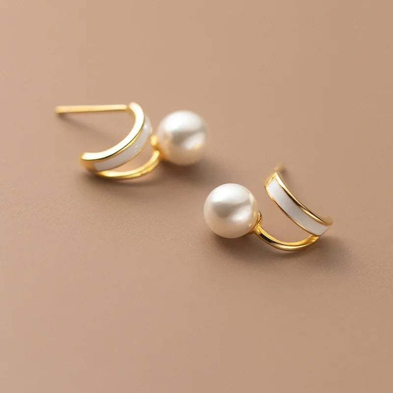 925 Silver Pearl Letter V Stud Earrings Women Fine Jewelry