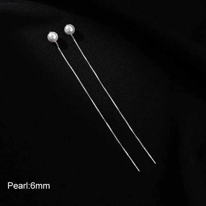 925 Sterling Silver Round Pearl Tassel Stud Earrings for Women