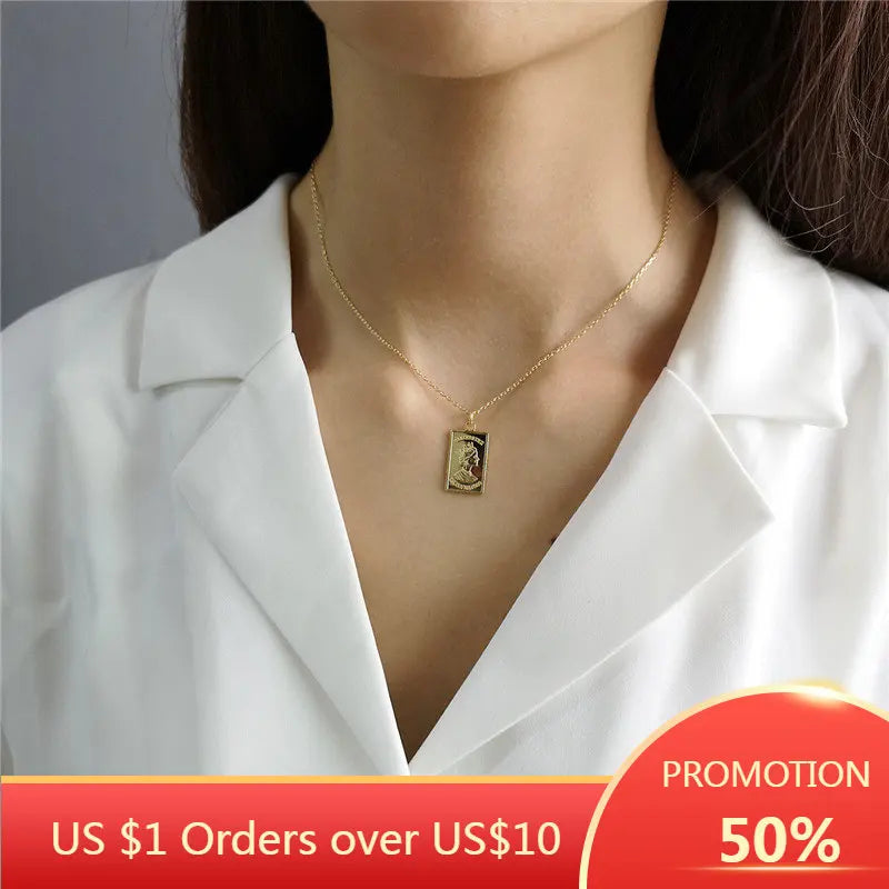 925 Silver Square Queen Portrait Pendant Necklace