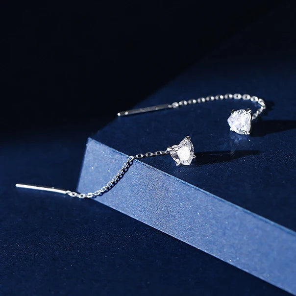 925 Silver Square Star Heart Short Chain Tassel Earrings