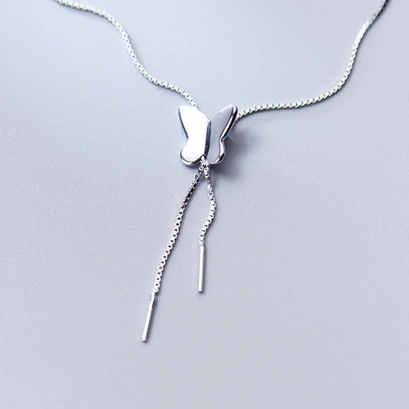 925 Silver Tassel Butterfly Pendant Necklace for Women
