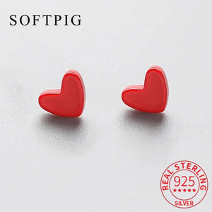 925 Silver Red Resin Heart Stud Earrings for Women Wedding Party Jewelry Gift