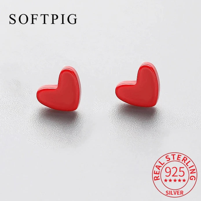 925 Silver Red Resin Heart Stud Earrings for Women Wedding Party Jewelry Gift