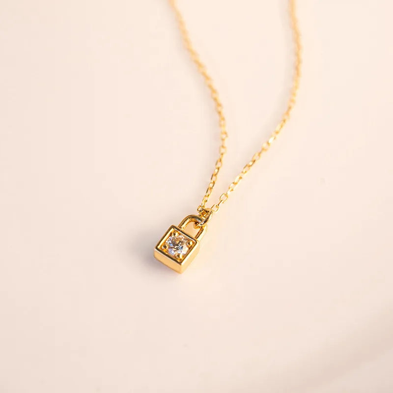 925 Silver Zircon CZ 18K Lock Choker Necklace Classic Fine Jewelry