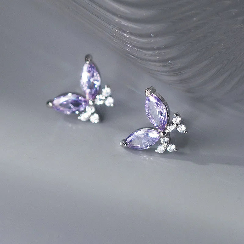 925 Silver Zircon CZ Butterfly Stud Earrings Women Insect Jewelry