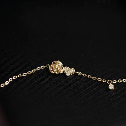 925 Silver Zircon Heart Rose Flower Charm Bracelet Women Jewelry