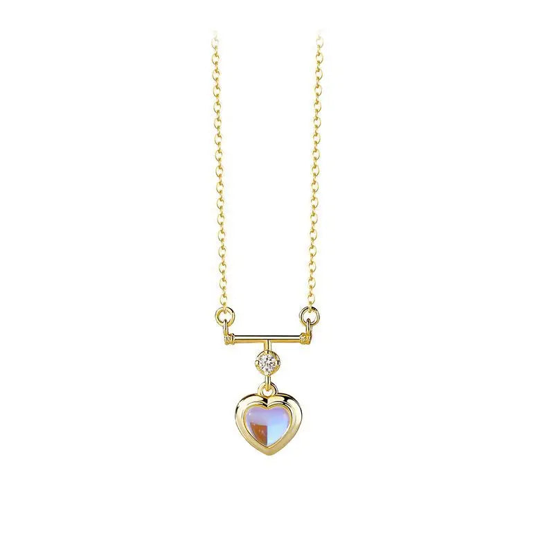 925 Silver Zircon Moonstone Heart Pendant Necklace For Women