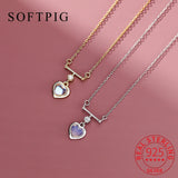 925 Silver Zircon Moonstone Heart Pendant Necklace For Women
