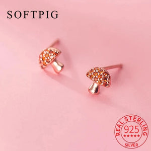925 Silver Zircon Mushroom Stud Earrings 18k Rose Fine Jewelry Accessories