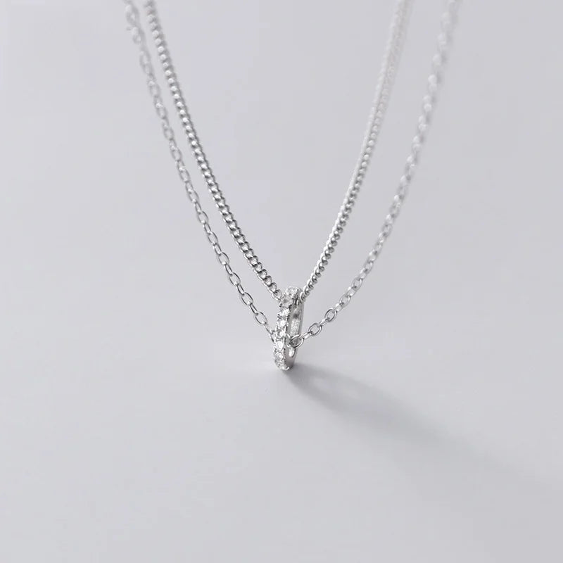 925 Silver Zircon Double Chain Choker Necklace Women Hiphop Jewelry