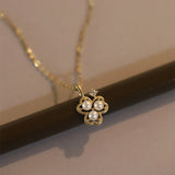 925 Silver Zircon Pearl Clover Pendant Choker Necklace