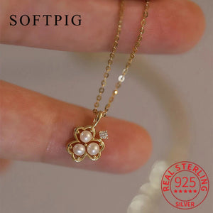 925 Silver Zircon Pearl Clover Pendant Choker Necklace