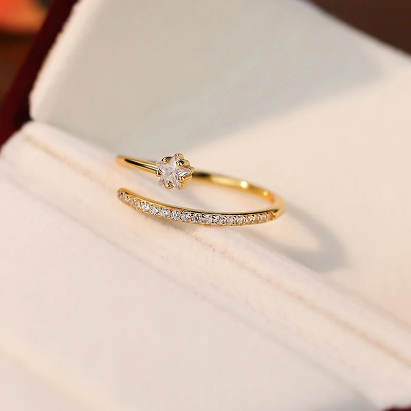 925 Silver Zircon Star Ring Women Fine Jewelry Adjustable Minimalist Accessory