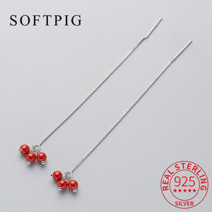 Long Chain Tassel Red Bead Drop Earrings 925 Sterling Silver