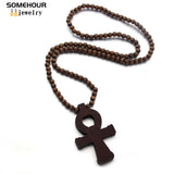 African Wooden Necklace Ankh Symbol Pendant Wood Beads Chains Women Jewelry