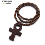 African Wooden Necklace Ankh Symbol Pendant Wood Beads Chains Women Jewelry